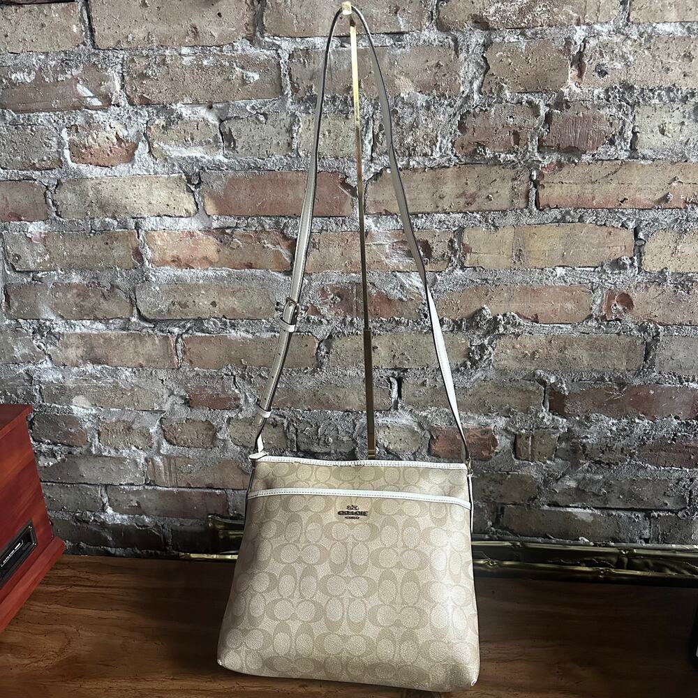 Coach F58297 Cream and Tan Signature File Crossbody Bag
